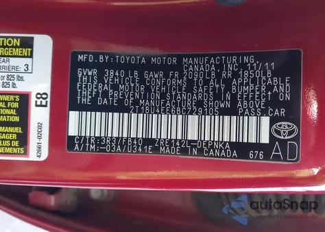 2011 Toyota Corolla Le from USA, damaged, VIN 2T1BU4EE6BC729105